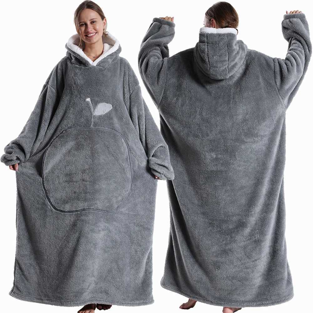 Extra Long Wearable Blankets Winter Flannel Hooded Blanket with Full Sleeves Men Women Cozy Soft Throw Adult TV BlanketXJ241210