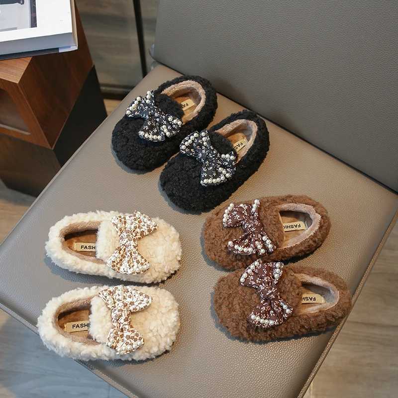 2023 Spring and Autumn Bow Floral Print Girls Cotton Shoes Plush Warm Pearls Children Fashion Shoes French Sle Kids Flats NewXJ241209