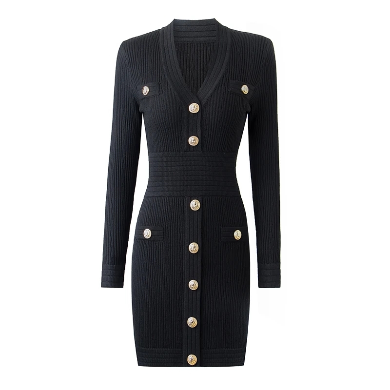 Harleyfashion New Autumn Designing Urious Long Sleeve V-Neck 4 Colors Sheath Casual Knitted Mini Dress