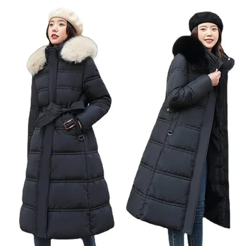 2024 Winter Down Cotton Parkas Jacket Womens XLong Faux Fur Collar Padded Thick Loose Large Size 241220