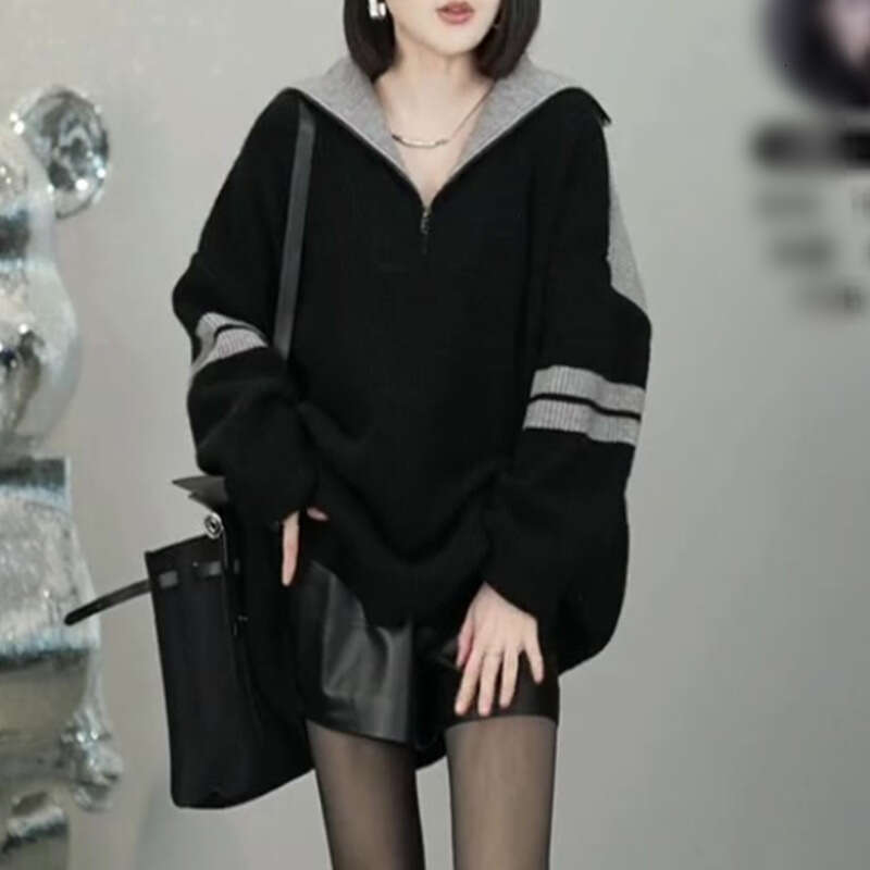 Polo collar striped sweater for women in winter, loose and lazy style design, zipper knit sweater, trendy women's top