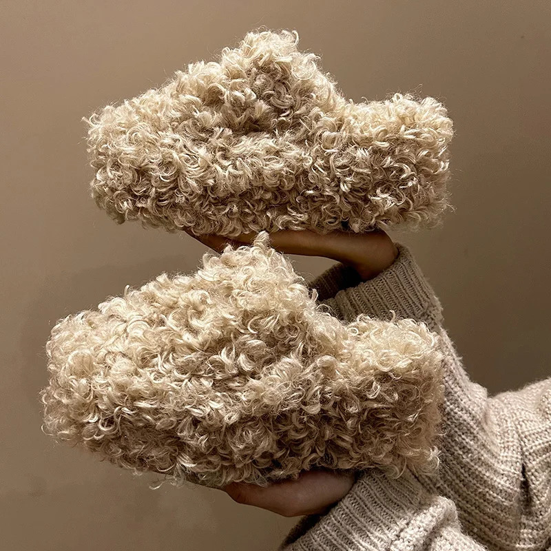 Womens shoe cover toe house slider platform slider wedge-shaped womens shoes fur flip cover er high plush rubber241209bj