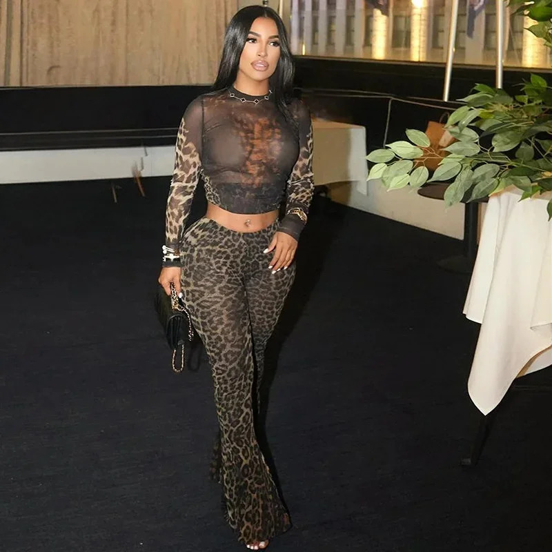 Sexy Leopard Print 2piece Womens Autumn See Through Full Sleeve Midnight Party Crop Panthing Matching Clubwear Skinny Outfit 241209