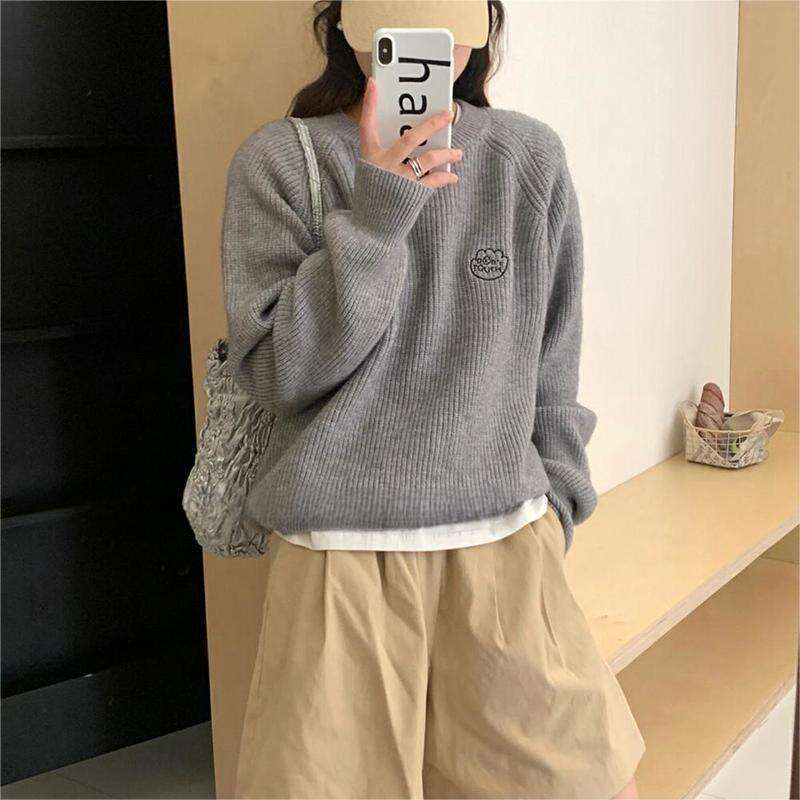 French long sleeved knitted sweater with minimalist design, embroidered round neck raglan sleeves, women's autumn and winter new loose top