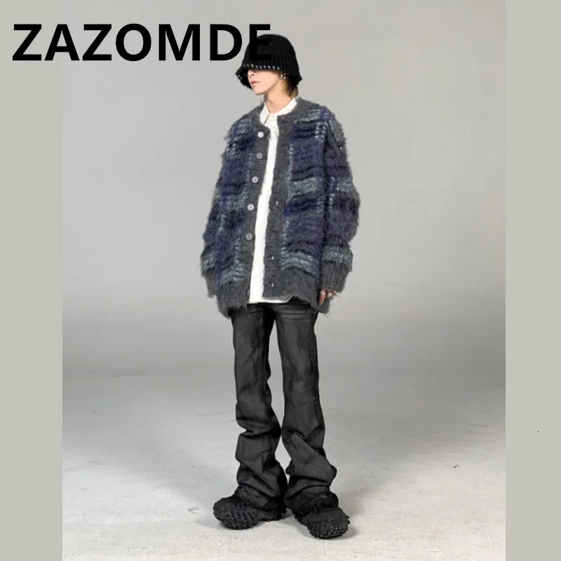 ZAZOMDE Wihter retro striped green cardigan sweater mens high street oversized button jumper Harajuku loose hip-hop knit top 241205