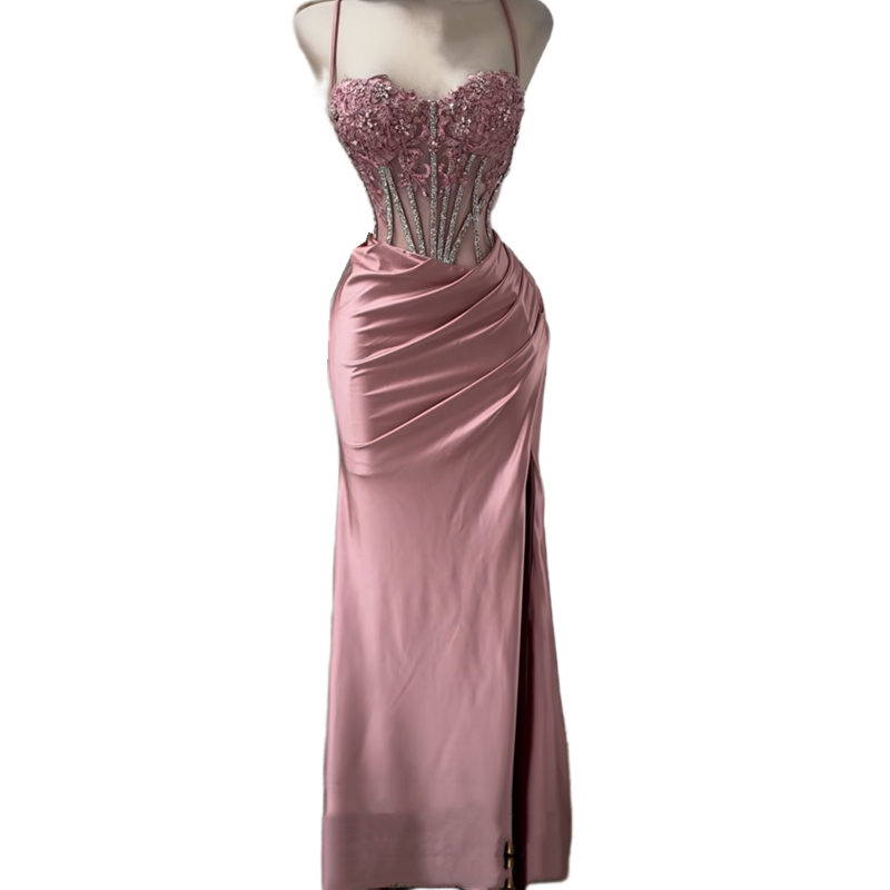 Or Length Pink Mermaid Prom Dresses Side Split Spaghetti Straps Sexy Special Ocn Dress Lace Appliques Crystals Beaded Illusion Corset Pageant Evening 