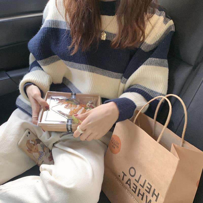 Korean version 2023 autumn and winter new loose contrasting striped pullover sweater, women's lazy style retro outer knitted sweater thick