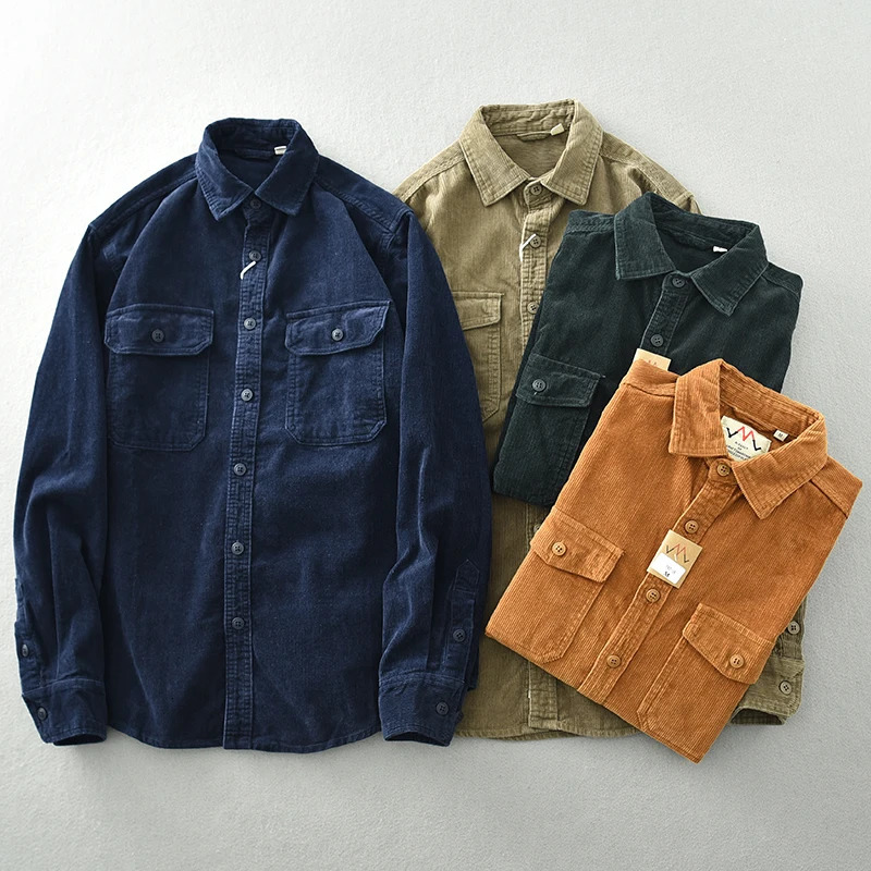 Retro heavyduty khaki corduroy mens shirt long sleeved loose cargo bag casual jacket 241209