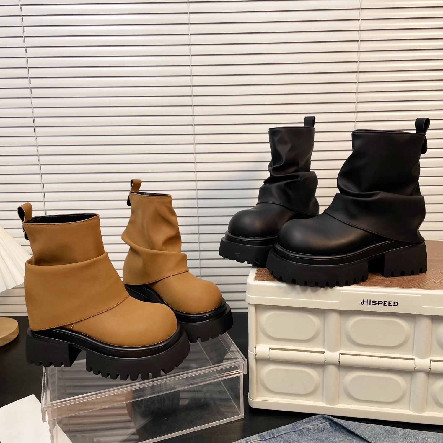 Women Boots:2025 New Design Spring Thick Sole Increase Height 7CM Short Boots Simple Style Versatile,Black/Brown,Free shipping