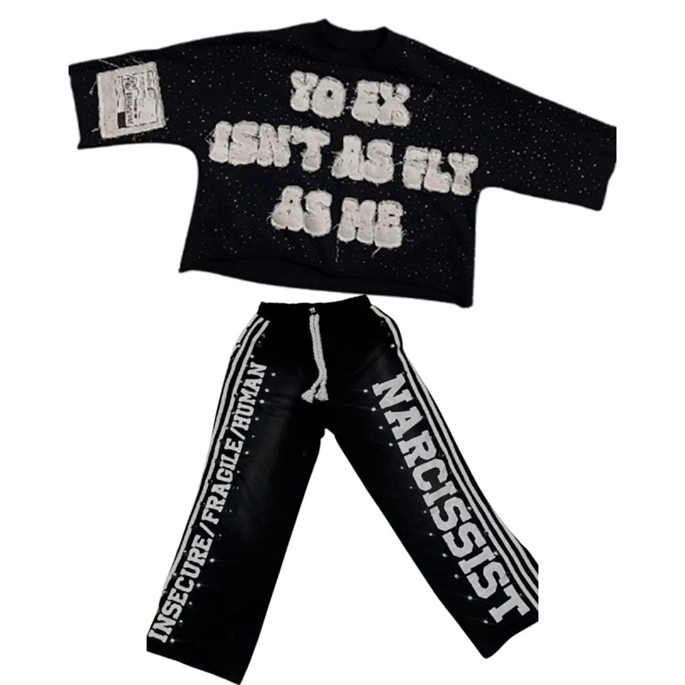 Streetwear T Shirt Sweatpants Suit Y2K Men Women Clothes Two Piece Set Hip Hop Patch Oversized TShirt Striped Casual Pants 241209
