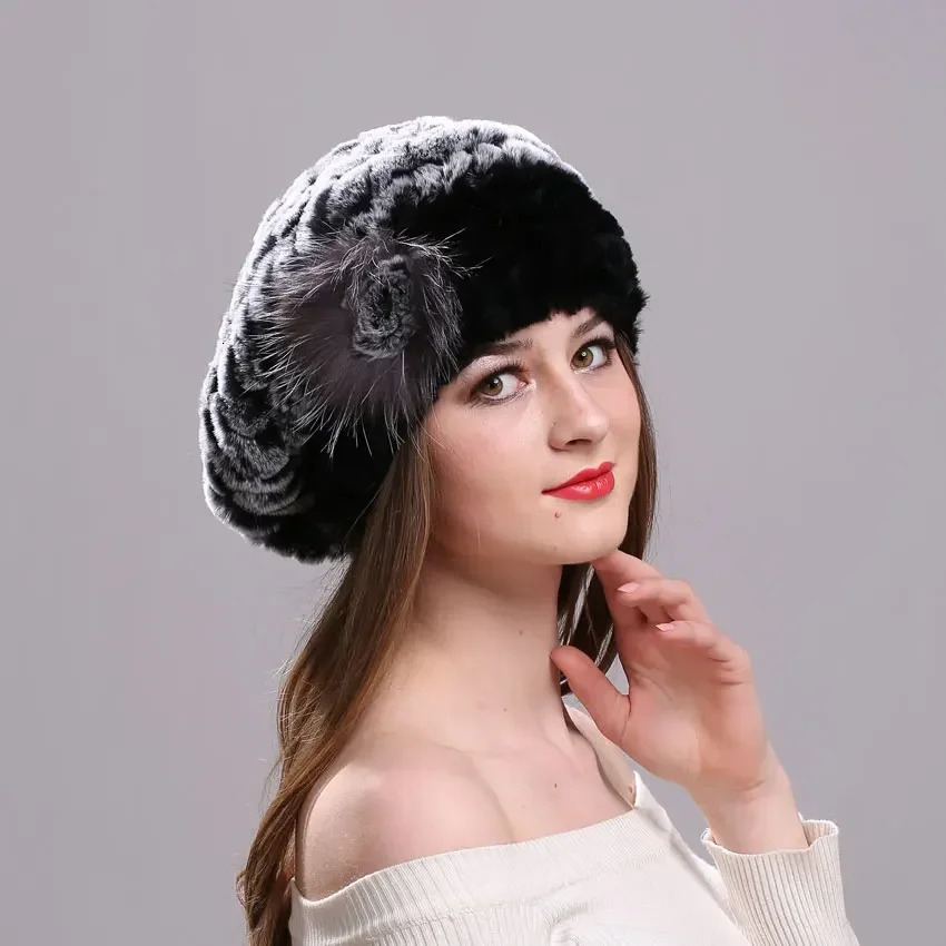 Womens Beret Genuine Rex Rabbit Fur Leather Hat Elegant Fur Leather Hat Wholesale Elastic Knitted Headwear Hat Winter Womens Fur Hat 241209