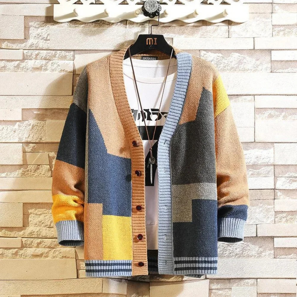 The mens colorful sweater cardigan splicing Vneck knitwear large size jacket 241209