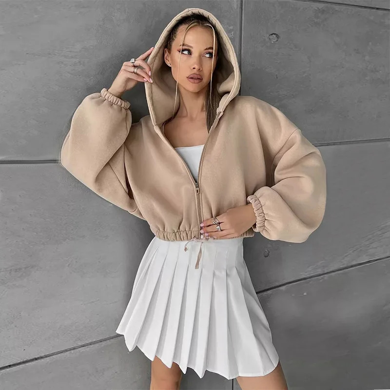 2025 Spring Autumn Womens Jacket Female Hooded Zipper Sweat Ladys Solid Color Cropped Coats Cardigan Tops 241205