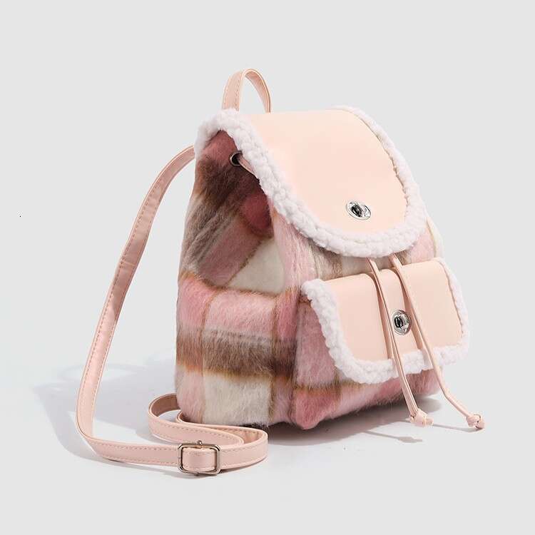 Fall/Winter Plush plaid for Women 2024 New Pink Cute Student Versatile Commuter Backpack