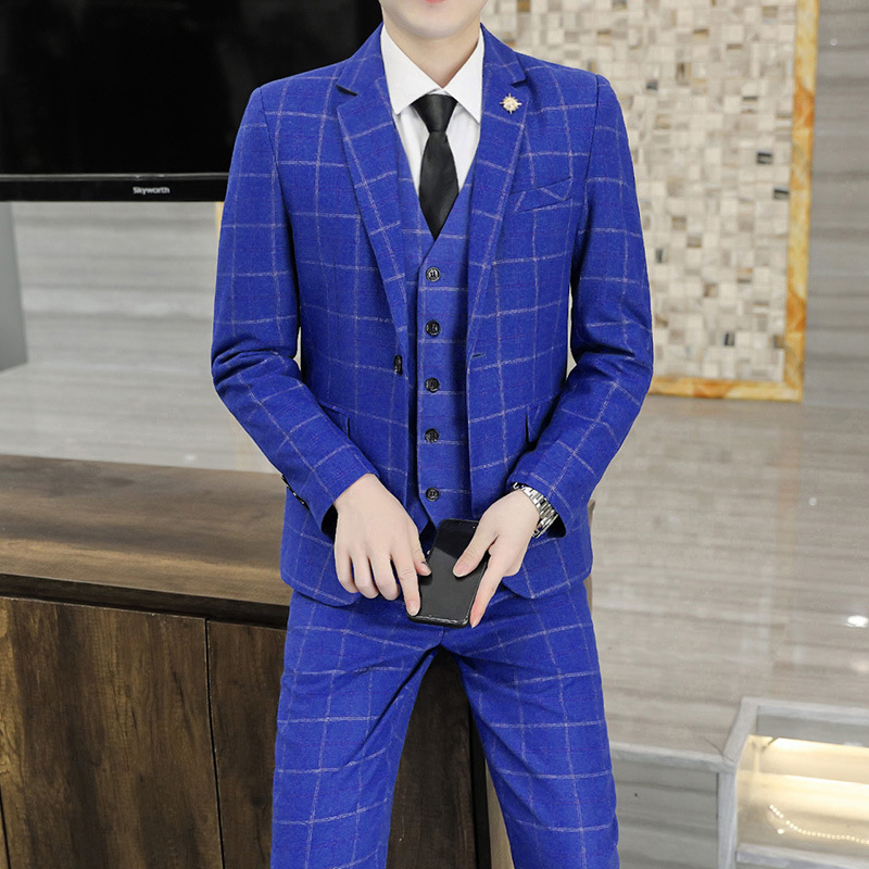 L155 Plaid suit men's three-piece suit Korean style slim small suit men's best man clothing groom wedding dress