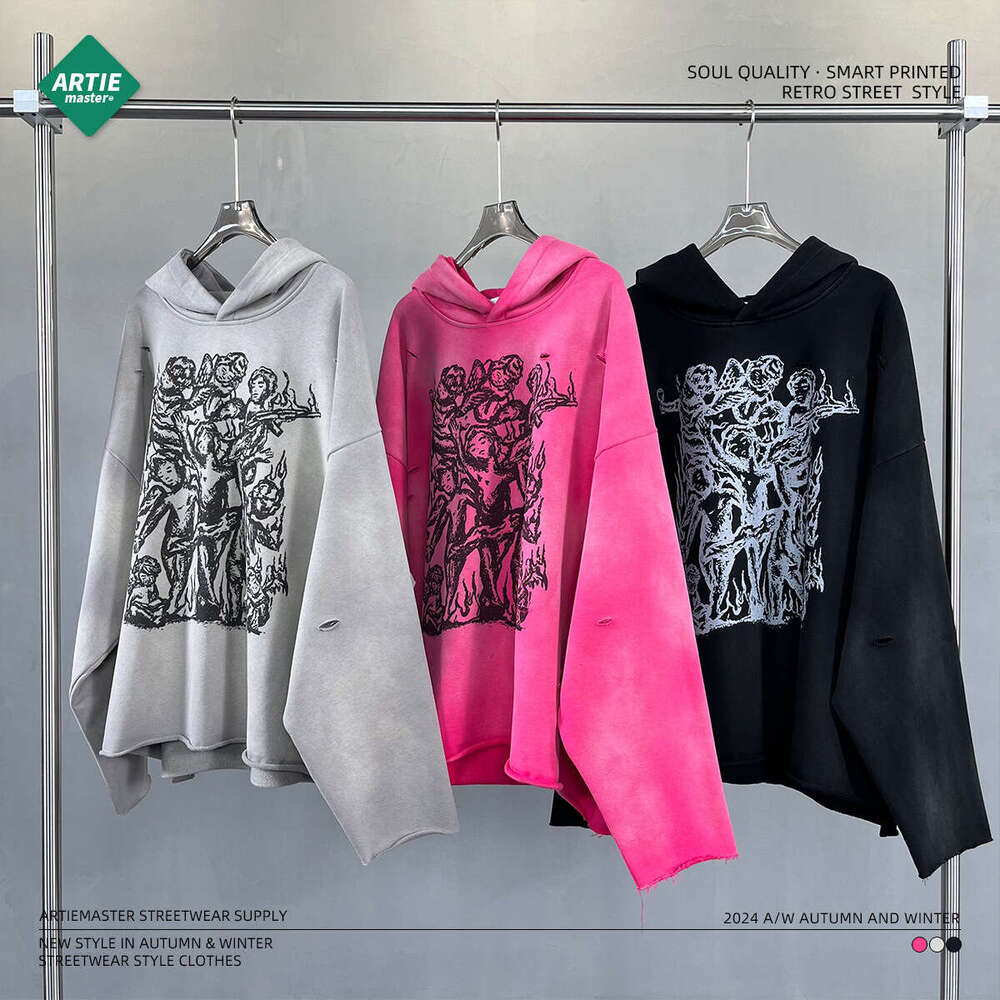 New products for autumn 2024: Irregular holes, rough edges, worn out, spray printed with horse chesut, 450G hooded sweatshirt, street trendy hat, T
