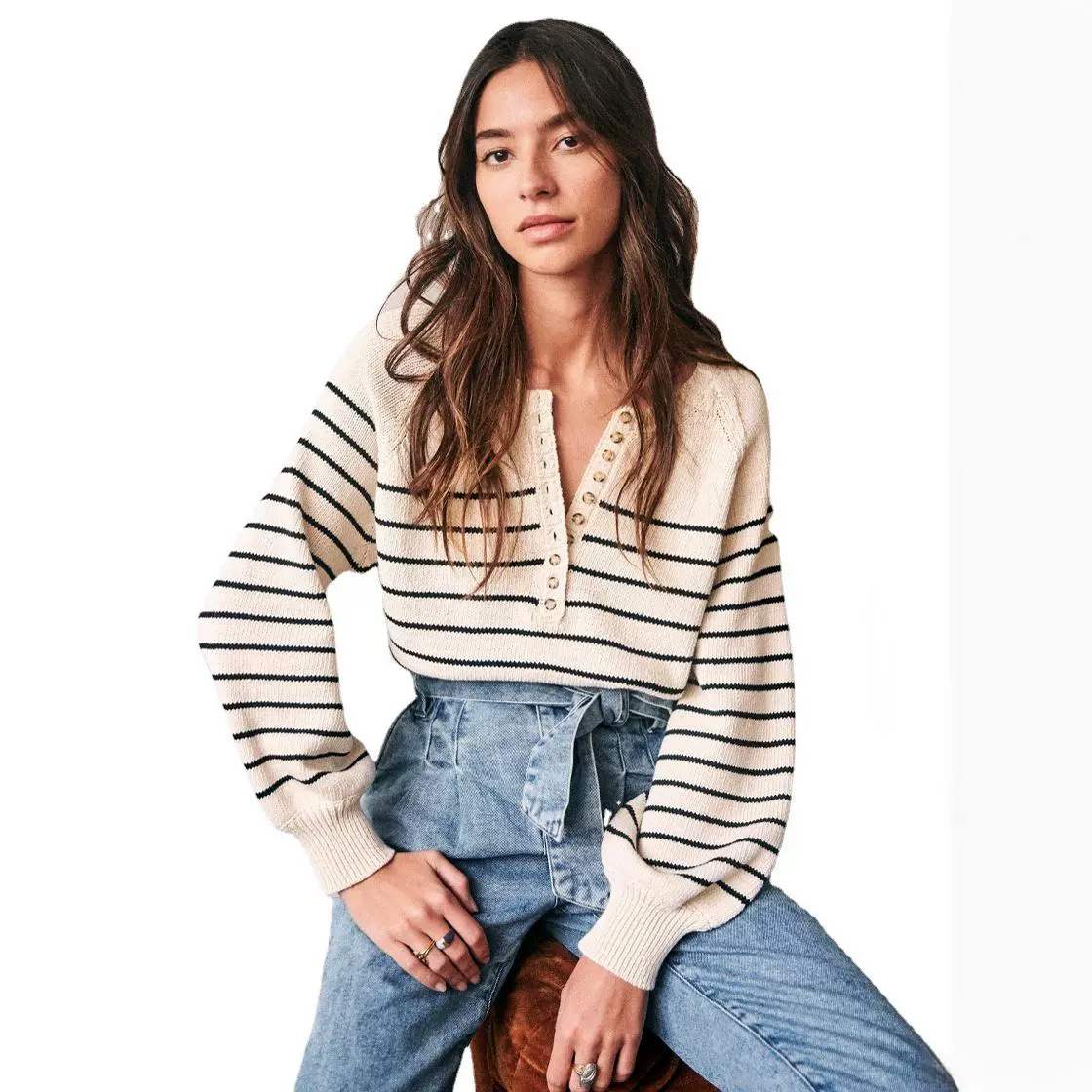 Women's Sweaters Vintage Long Sleeve Knit Sweater Button Details Casual Loose-fit Round Neck Pullover Original Sezane Brand
