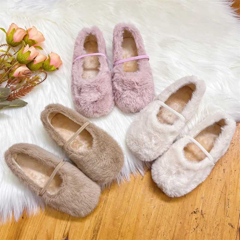 Furry Girls Shoes Soft Sole Comfortable Ballet Flats Elegant Plush Shallow Kids Princess Shoes Versatile Child Mary Janes XJ241209