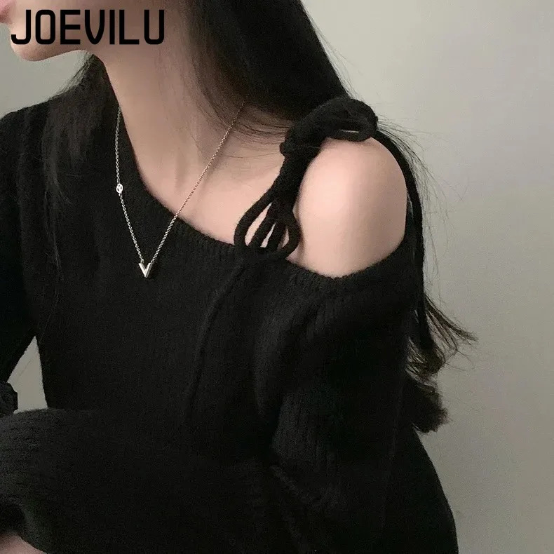 JOEVILU Slanted Collar Tied Irregular Pullover Womens Long Sleeved Knitted Tops Autumn Winter Korean Fashion Red Retro Sweaters 241203