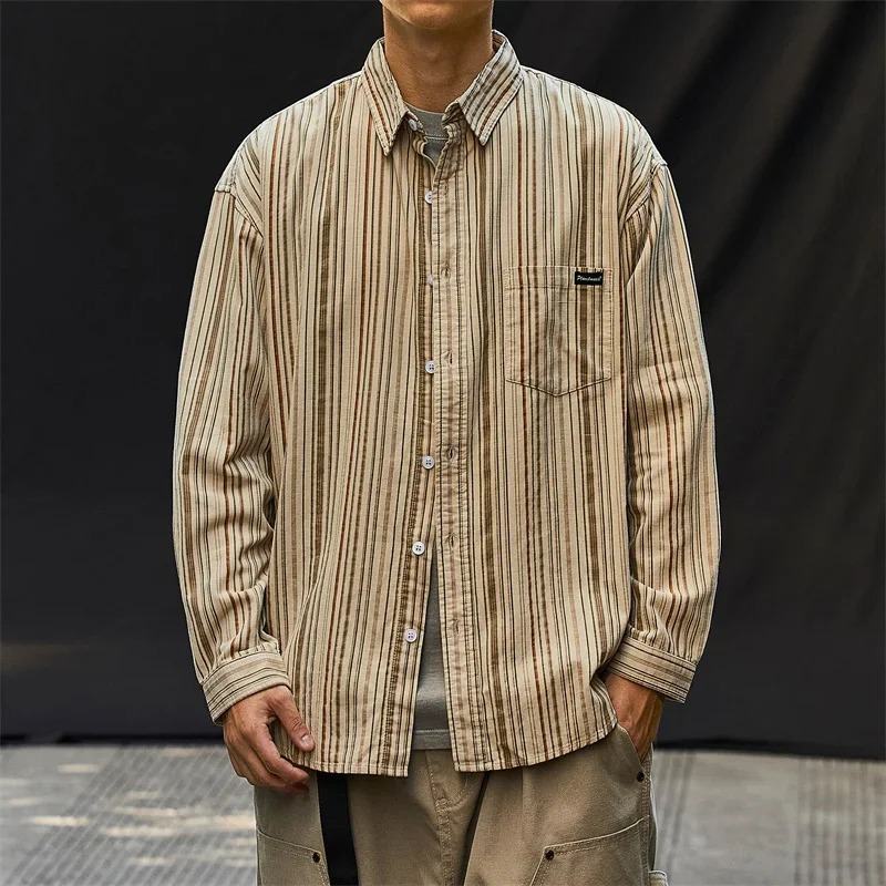Autumn mens hiphop Corduroy striped shirt college retro casual loose long sleeved top Y2K streetwear 241209