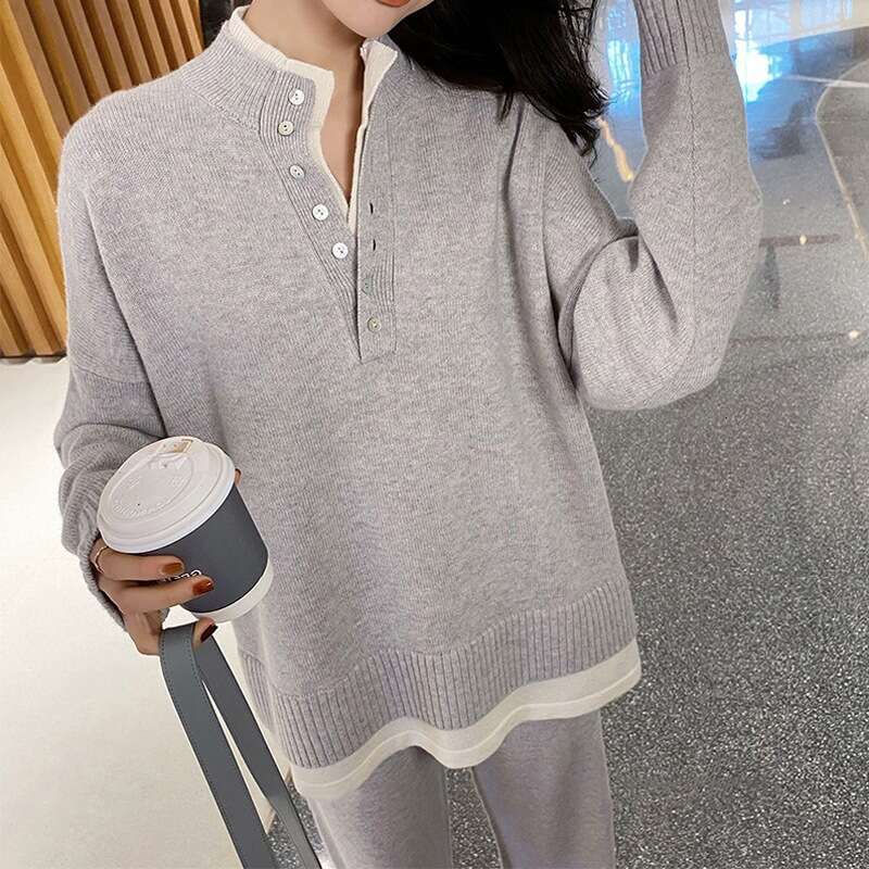 Soft and Sticky Set Winter 2022 Korean Edition Gentle Style Solid Color Splicing Fake Two Piece Thick Knitted Sweater for Women