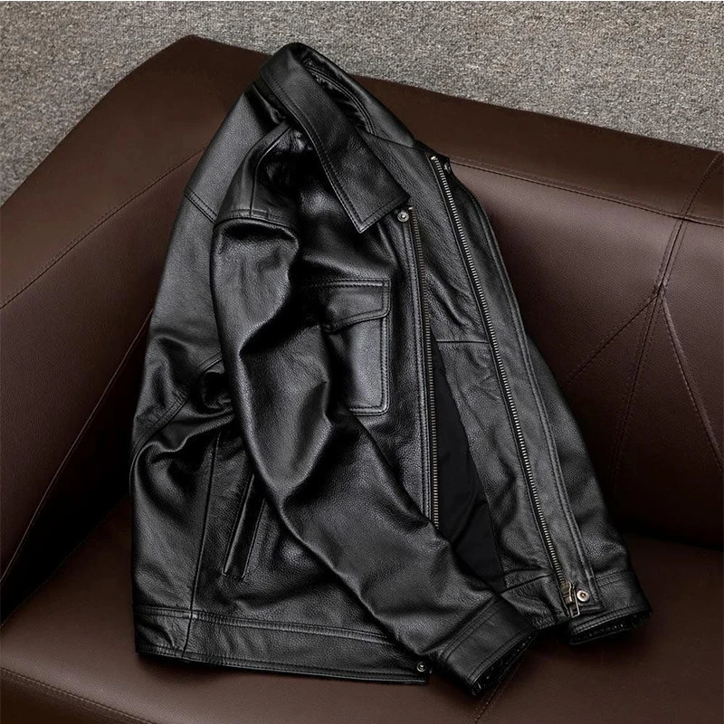 Fashionable Leather Jacket Men Lapel Autumn Winter Solid Color Trendy Loose 241202