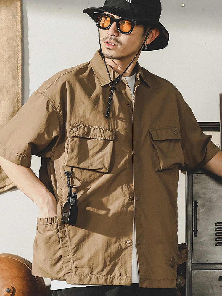 Houzhou Techwear freight shirt mens short sleeved top clothing casual quick drying summer Japanese street hiphop 241209