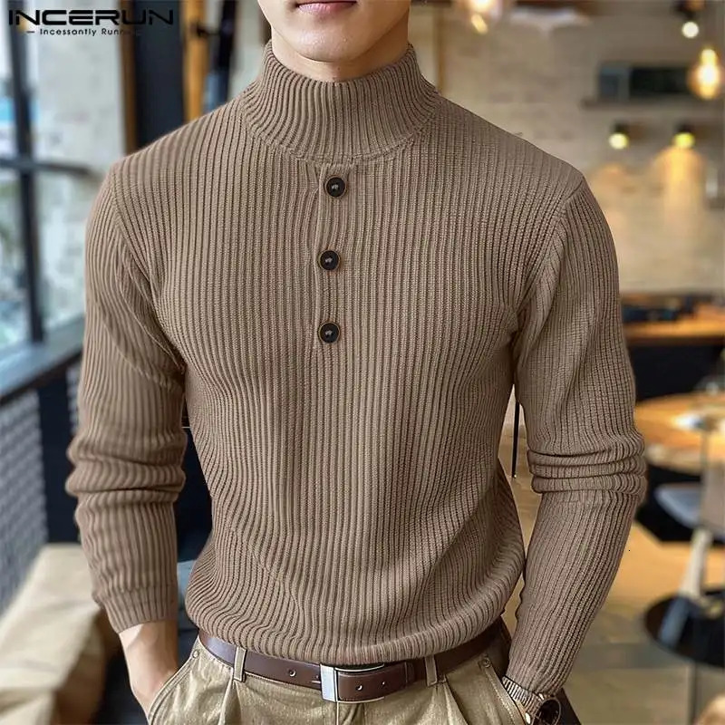 Handsome Well Fitting Tops INCERUN Men Solid High Neck n Pullovers Autumn Wnter Casual Male Long Sleeved Sweaters S5XL 241209