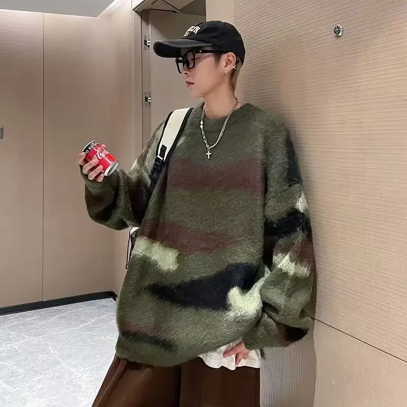 Vintage Winter Angora Sweater For Men Trendy Niche Knit Jacket Crew Neck Style American Feel Free Time Fashion 241209