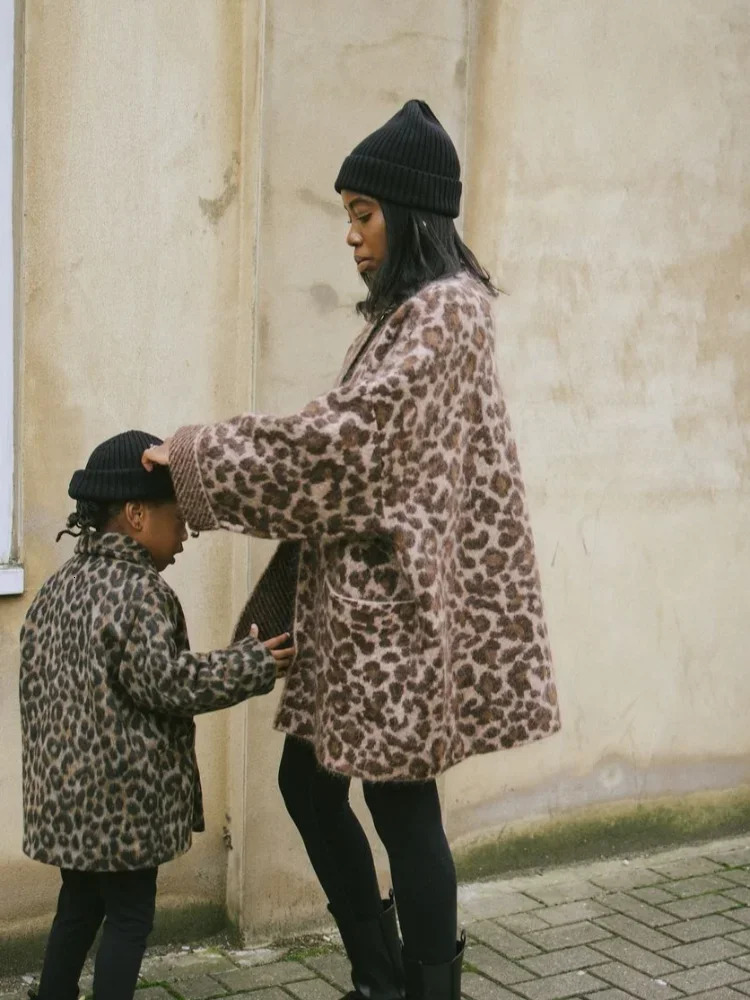 Fashion Leopard Print Mohair Knit Cardigan Women Casual Loose Pockets Long Sleeve Sweater 2024 Lady Front Open Commute Tops 241225