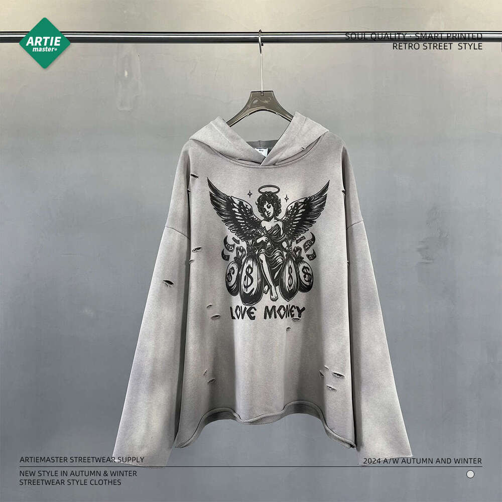 2024 autumn irregular hole frayed edge vintage spray horse chesut print 450G hooded street fashion retro men's and women's hoodie