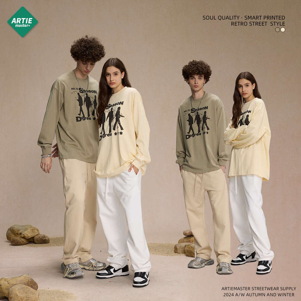 2024 Autumn Thin Printed Men's T-shirt Loose Casual Round Neck Long Sleeve Top Trendy