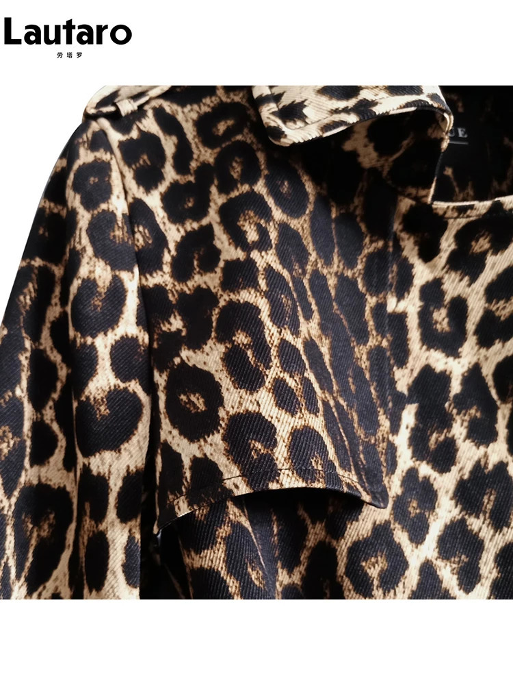 Lautaro Spring Autumn Long Stylish Leopard Print Trench Coat for Women Belt Double Breasted Casual er Clothes 241210