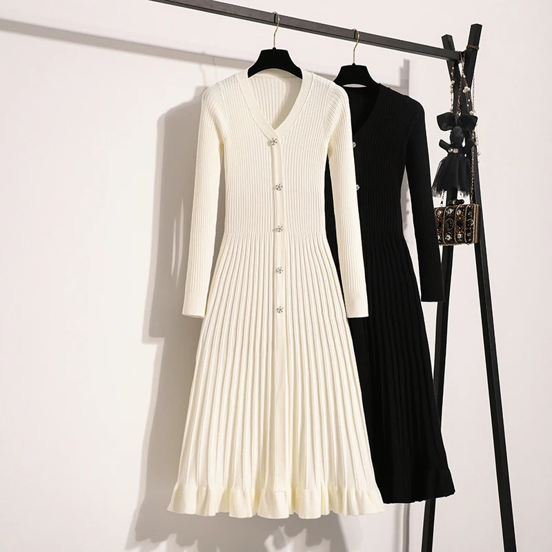 Autumn winter elegant solid knit sweater long sleeved womens V-neck long sleeved high waisted pleated knit dress 241206
