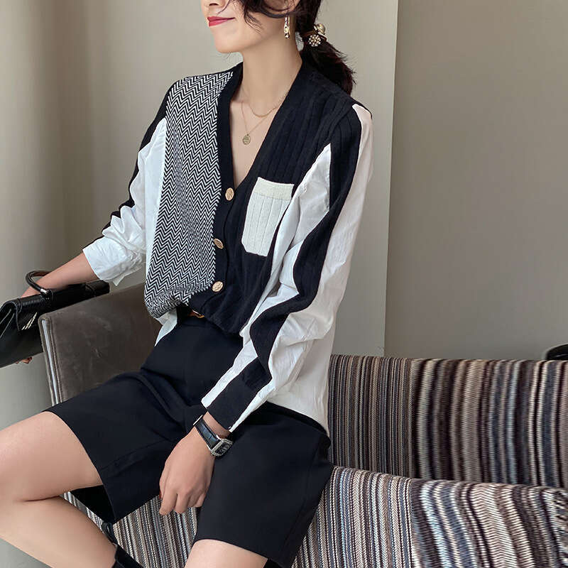 2023 autumn new loose slimming patchwork long sleeved irregular color blocked knitted cardigan jacket