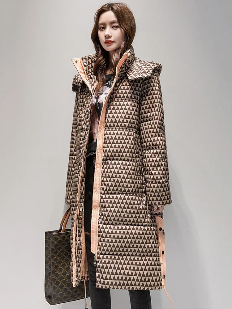 Winter Warm Parka Plaid Long Sonw Jacket Womens Fashion Thick Hooded Inflatable Windproof 241209