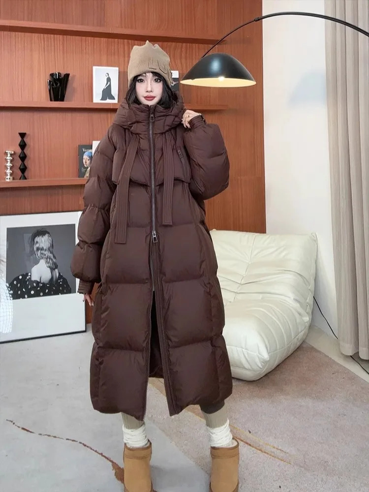 Womens down cotton apron jacket thick Korean warm long coat solid hooded full top winter 2024 241209