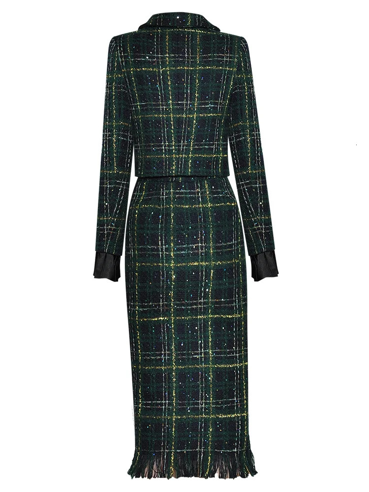 Spring and autumn 2piece coarse woolen suit womens polo neck bow long sleeved single chest short jacketMidi half dress set XXXL 241209