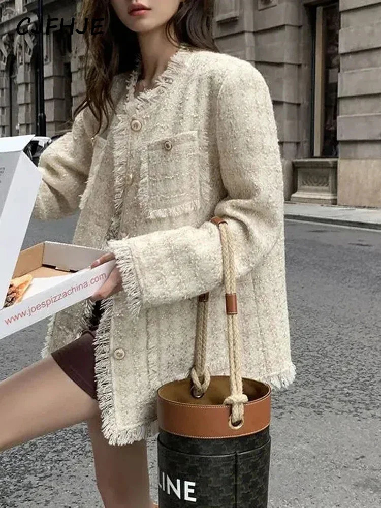 CJFHJE Womens Beige Round Neck Tassel Outerwear Spring Autumn Korean Fashion Long Sleeve Loose Raw Edge Tweed Women Jacket 241209