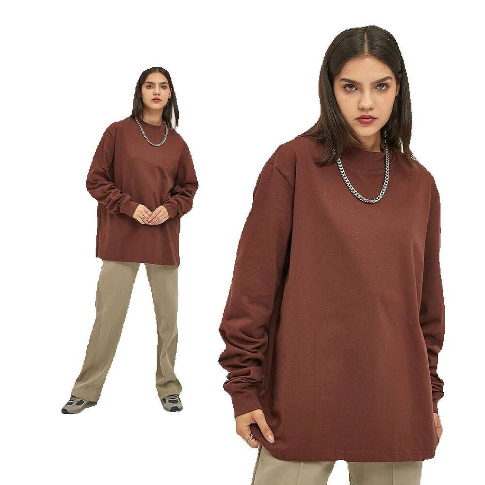 2023 autumn and winter new product heavyweight 345G double yarn plain weave high necke loose long sleeved T-shirt for men