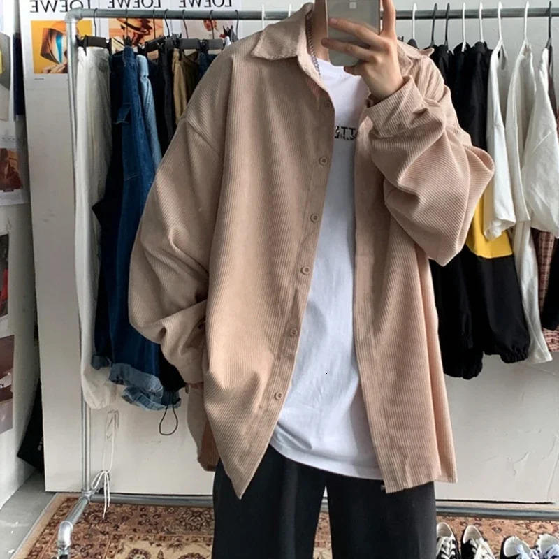 Autumn mens Corduroy long sleeved shirt Korean fashion Y2K retro 2024 casual oversized street clothing commodity 241209