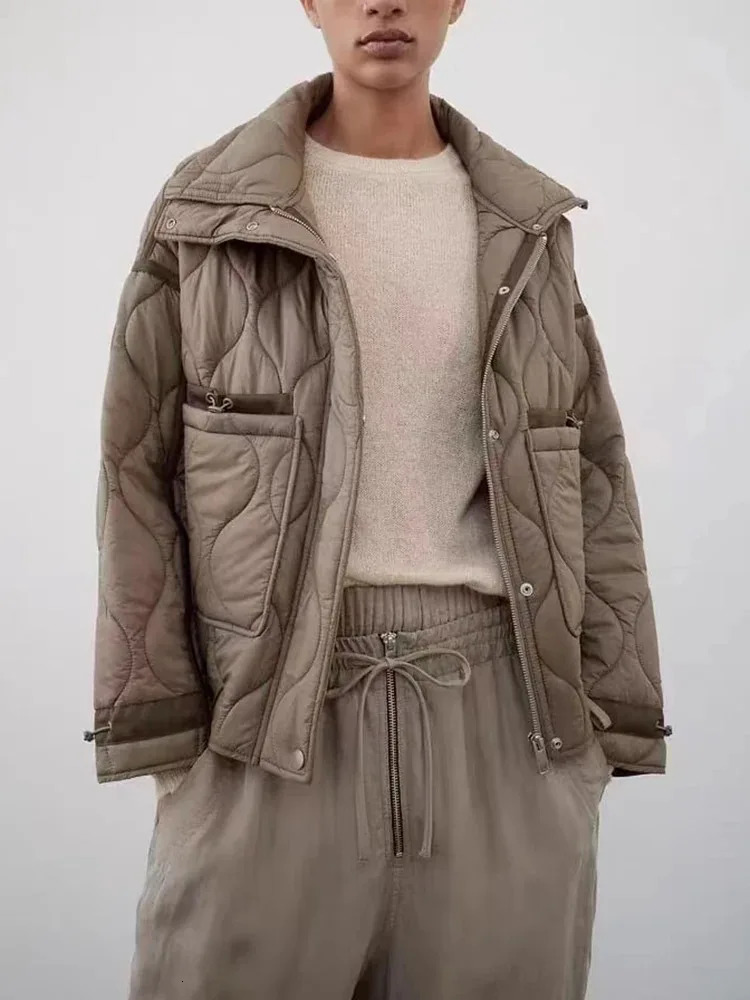 TRAF Womens Fashion Warm Cotton Jacket Fall and Winter Standing Collar Long Sleeve Front Zipper with Buttons Vintage 241209