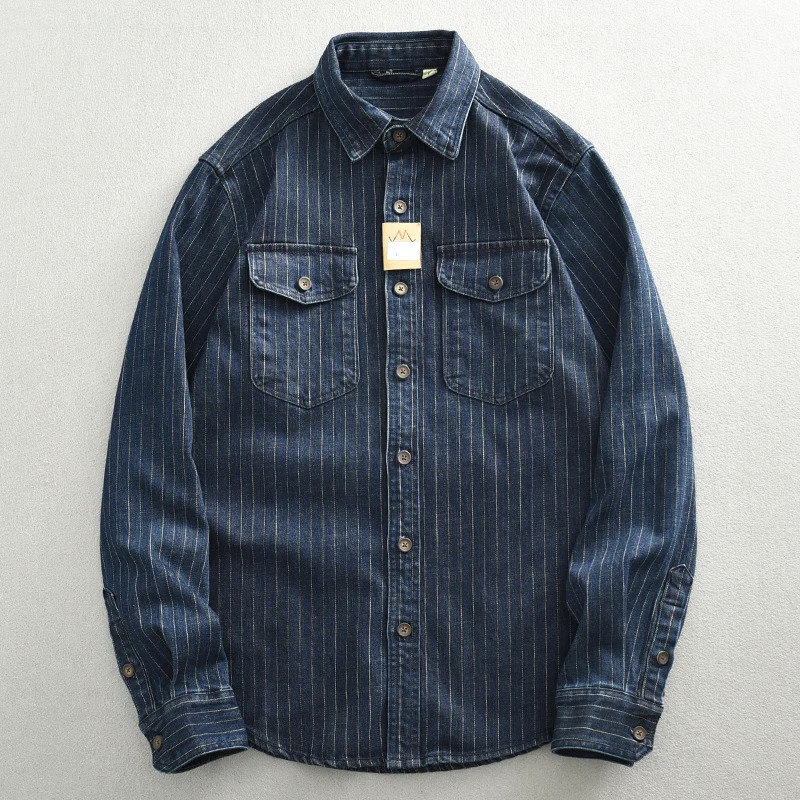 17oz heavyduty retro casual clothing mens shirt jacket washed denim cargo jeans oversized top vertical strip long sleeved 241209
