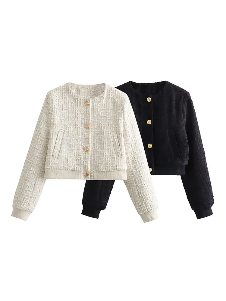 TRAF Women Autumn and Winter Fashion Thick Texture Short Bomber Jacket Chic Round Neck Allmatch Coat Outerwear Mujer 241209