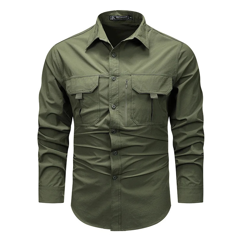 Spring and autumn mens shirt tactical work long sleeved top outdoor leisure multi pocket camping bike cargo 241209