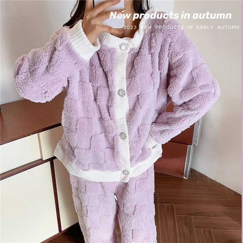 Women Pyjamas Sets Autumn Winter Warm Flannel Thick Homewear Long Sleeve Solid Color Sleepwear Female Pajamas SuitC241209C250109