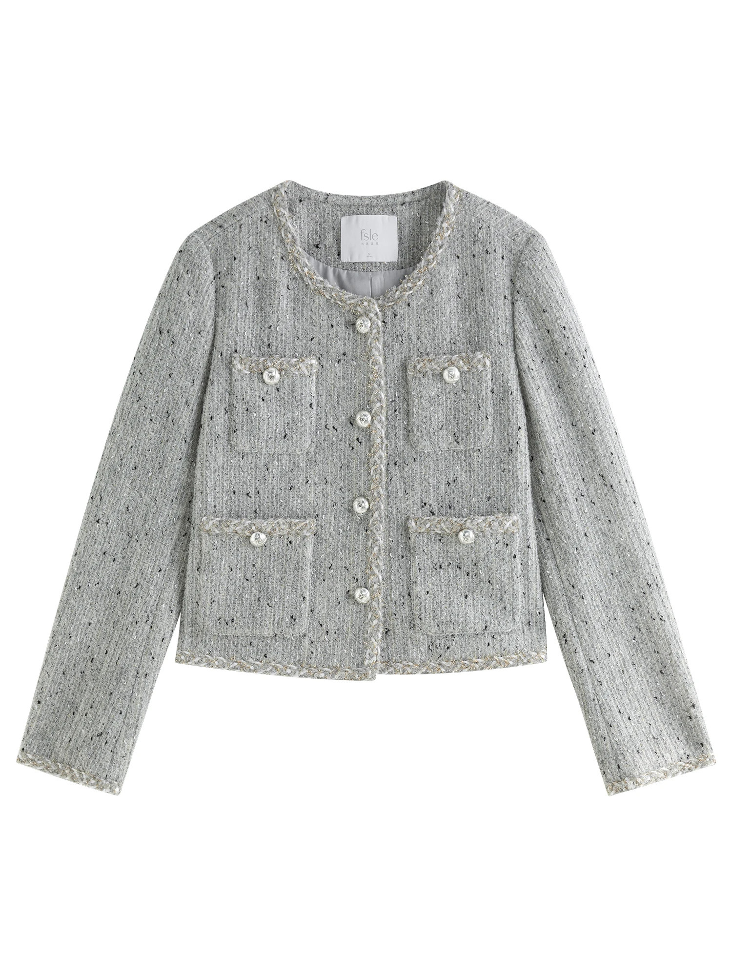 FSLE 333% Wool Women Grey Tweed Jacket Round Neck Temperament Short Coats Winter Thicken 24FS14422 241209