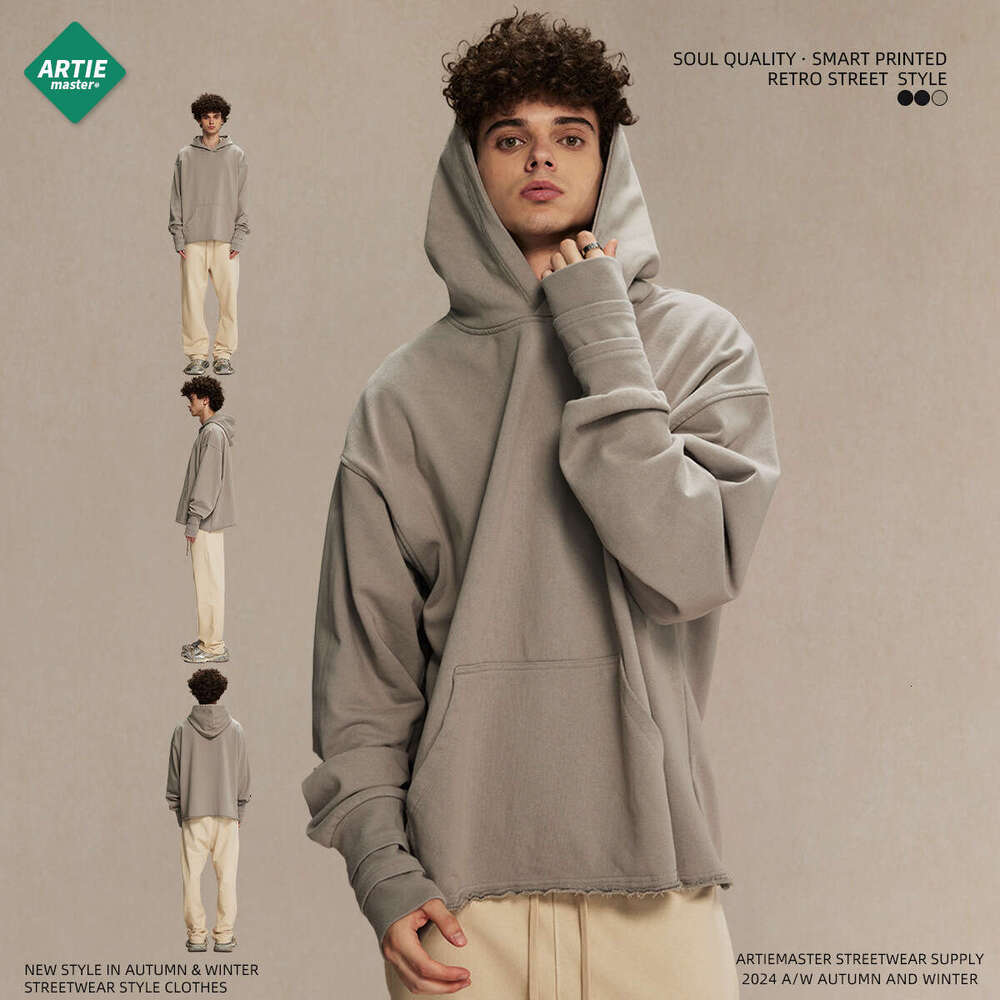 2024 Autumn/Winter Open Finger Hole Stacked Thread Sleeve American Trendy Brand Woolen Loop Destruction Curled Edge Hoodie Men's