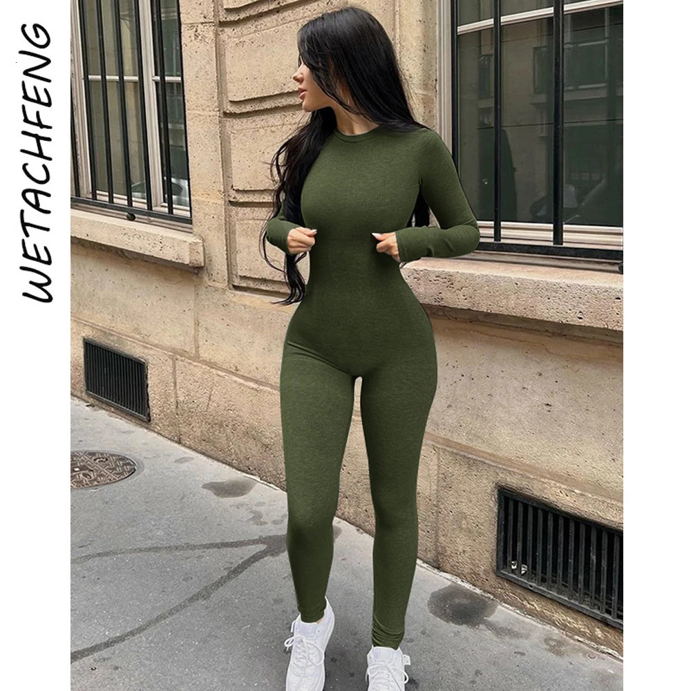 Green sports fitness jumpsuit womens autumn and winter knitted long sleeved tight onepiece streetwear sexy running top 241209