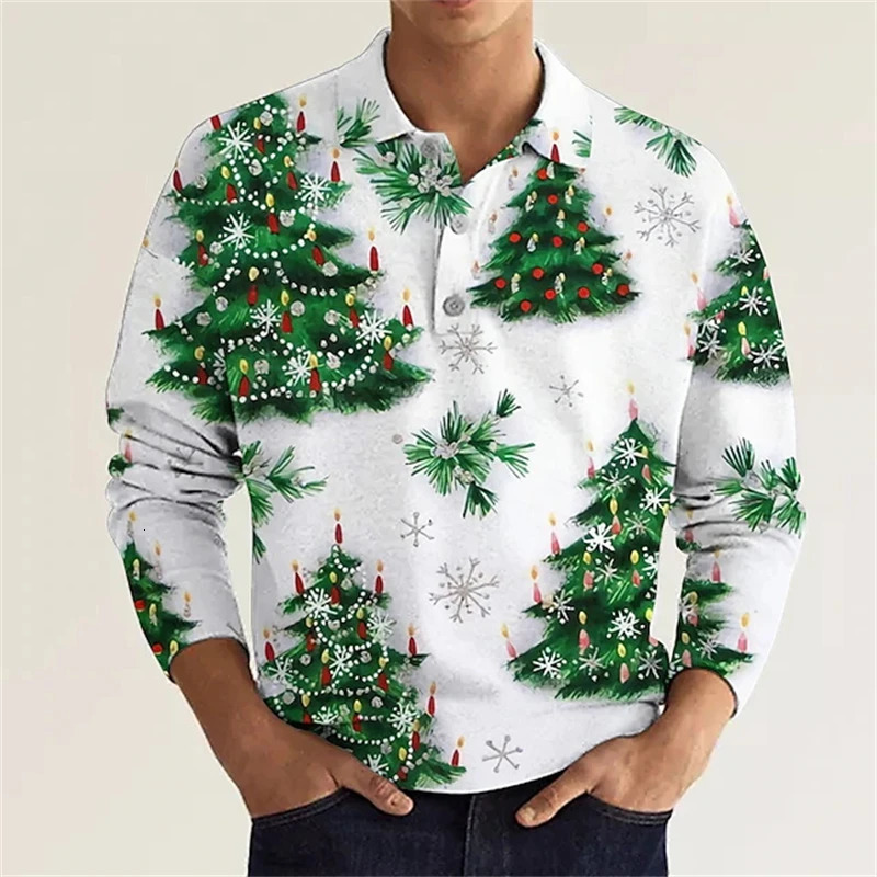 Christmas Festival Men 3D Xmas Trees Graphic Long Sleeve Polo Shirt Kids Clothes Trendy Casual Button Shirts Tops 241202